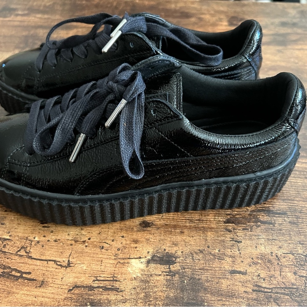 New Puma Fenty Black Creeper Wrinkled Patent Shoes Lace Up Sz. 7.5
